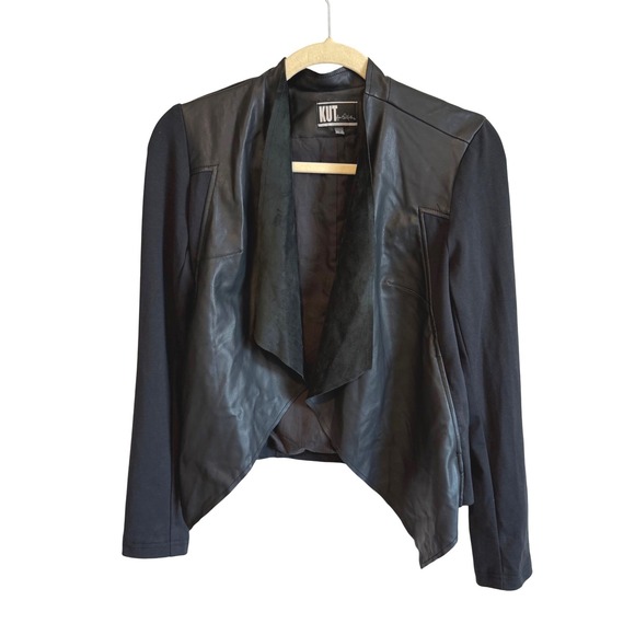 KUT from the Kloth Black Faux Leather Drape Front Jacket Blazer Small - Picture 1 of 13